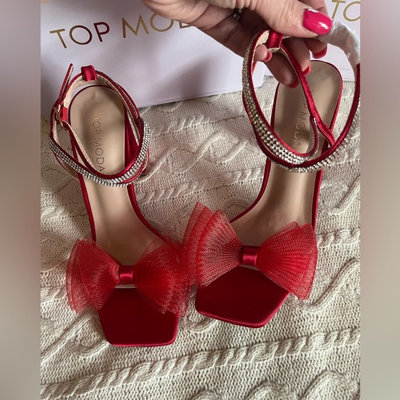 NEW! Top Moda Red Agatha Bow Style Rhinestone Ankle Strap Women’s 6.5 - Picture 13 of 16